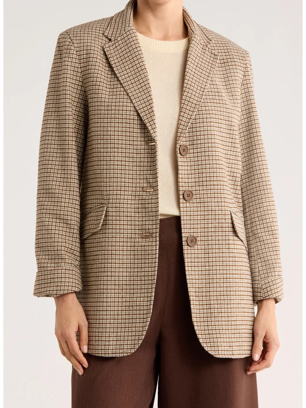 Max Studio Beige Plaid Single-Breasted Blazer